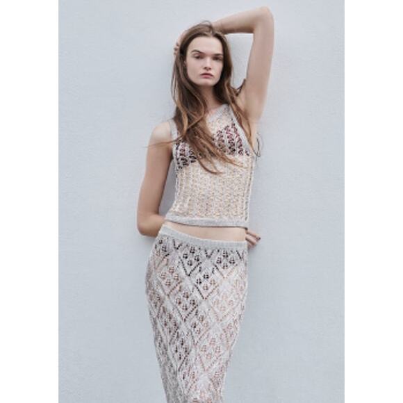 Zara Metallic Silver Open Knit Embroidered Mesh Skirt Midi / Maxi Size Large - Picture 2 of 9